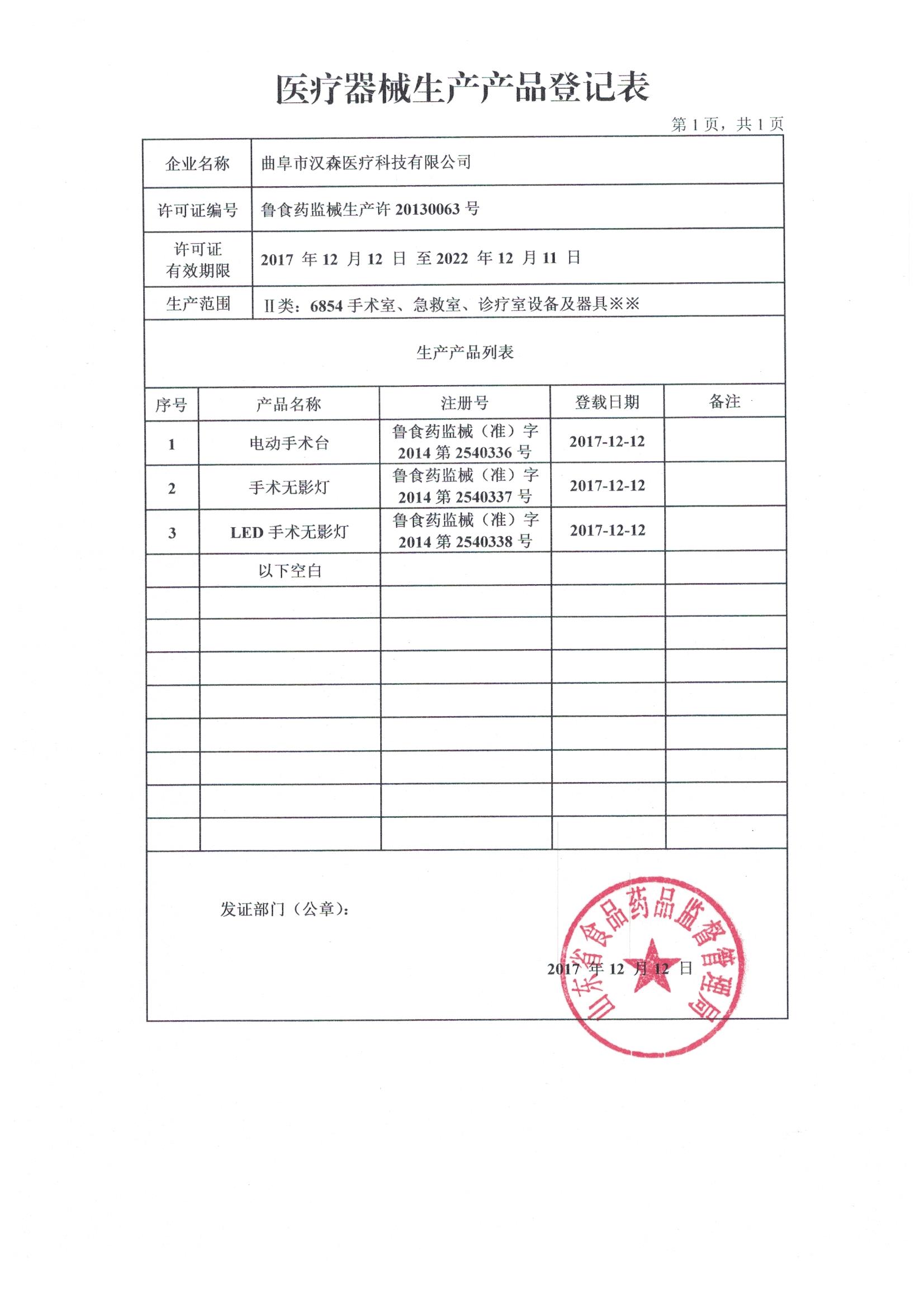 医疗器械生产产品登记表